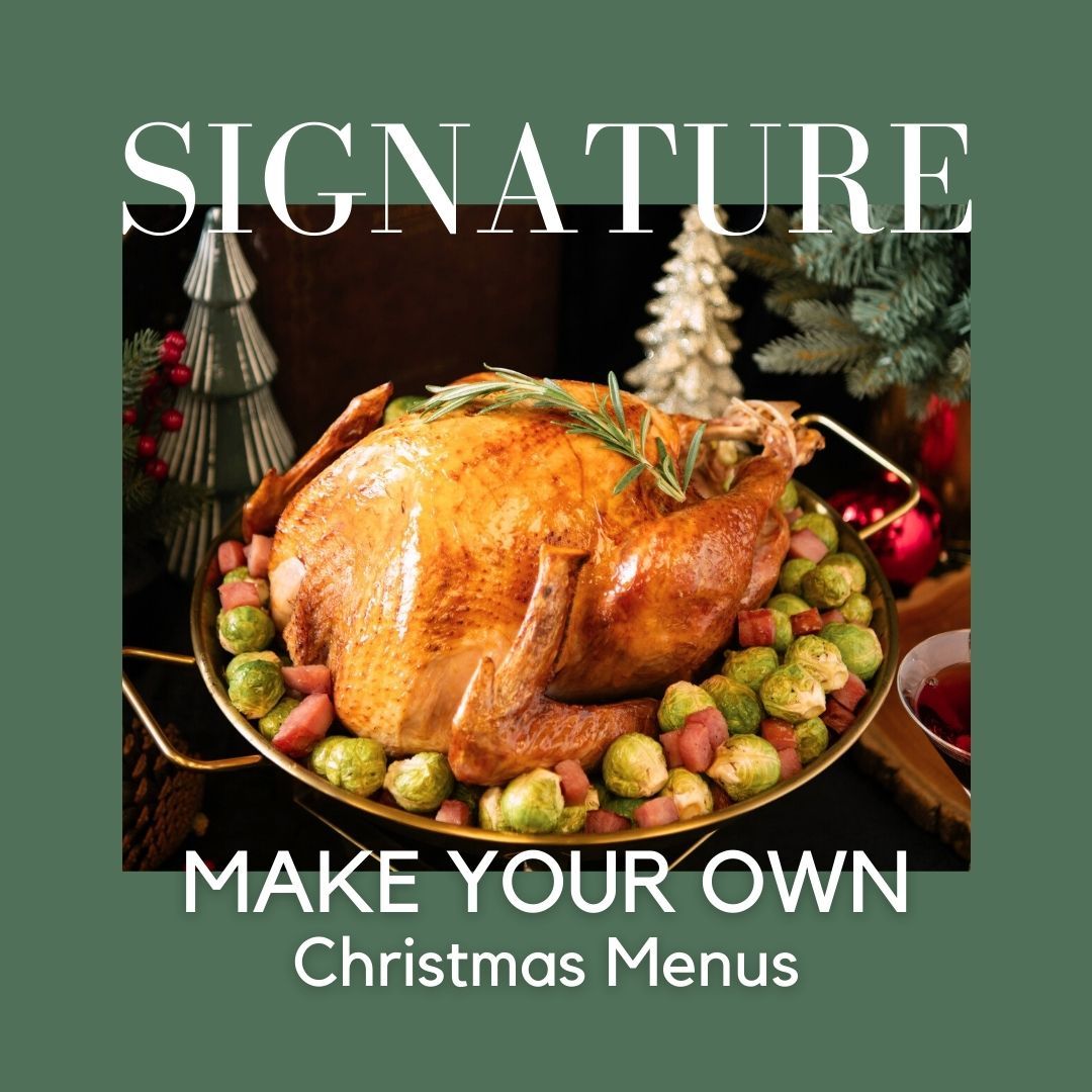 Roasted turkey on a platter with Brussels sprouts and text that reads