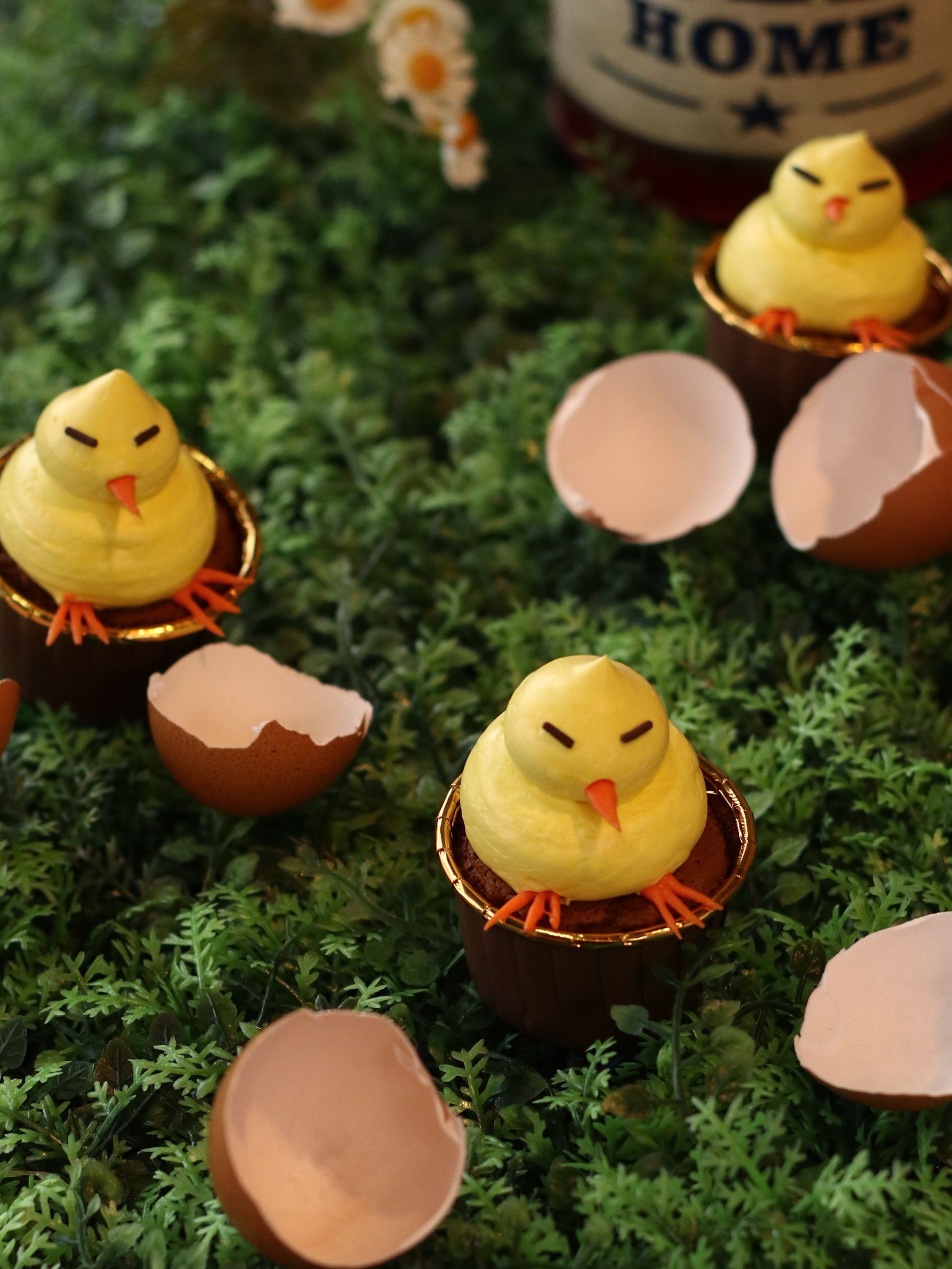 Yellow chick cupcakes in chocolate eggshell cups on green moss.