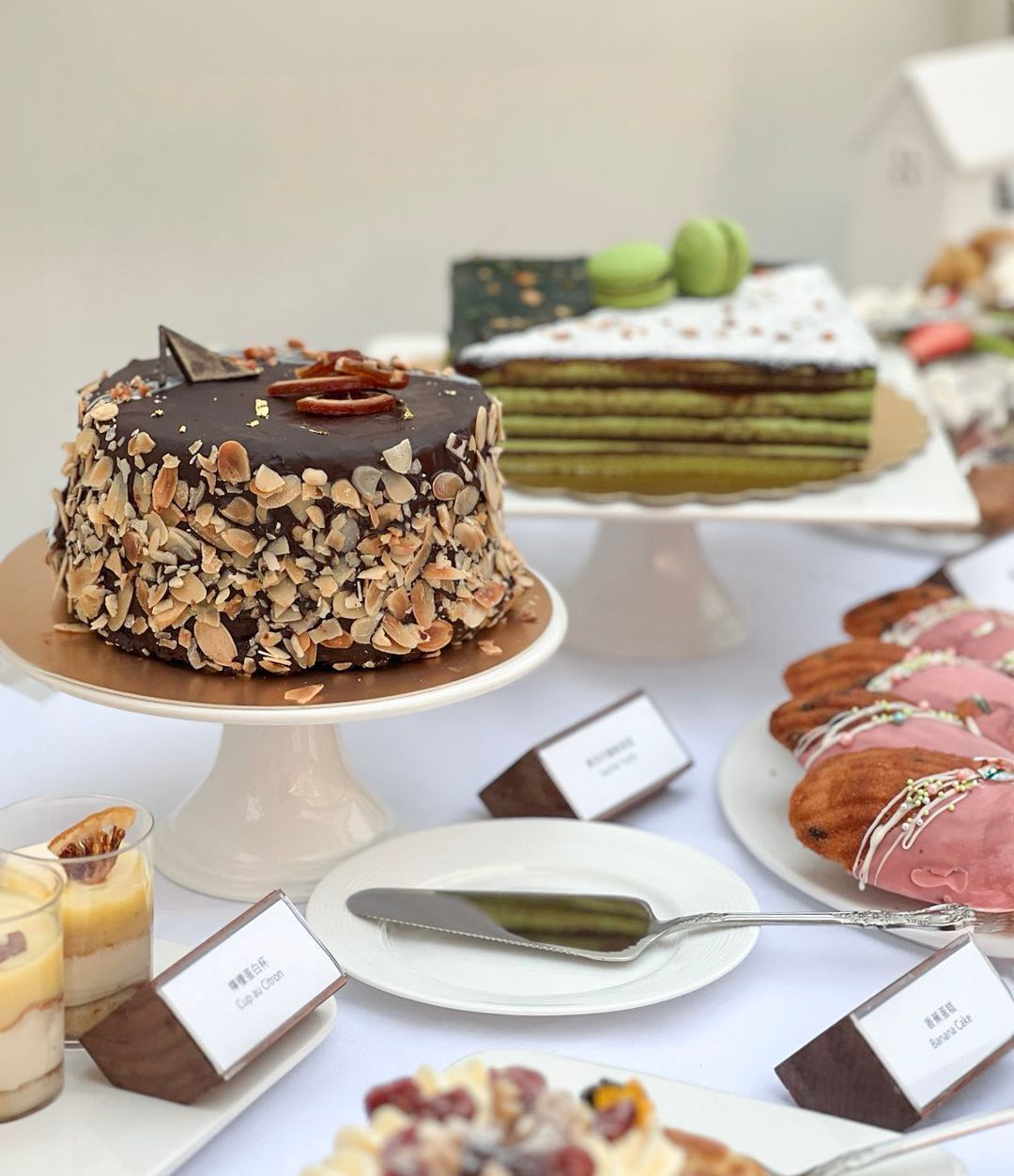 Dessert display: chocolate cake, layered green cake, madeleines, and individual trifles on a white table.