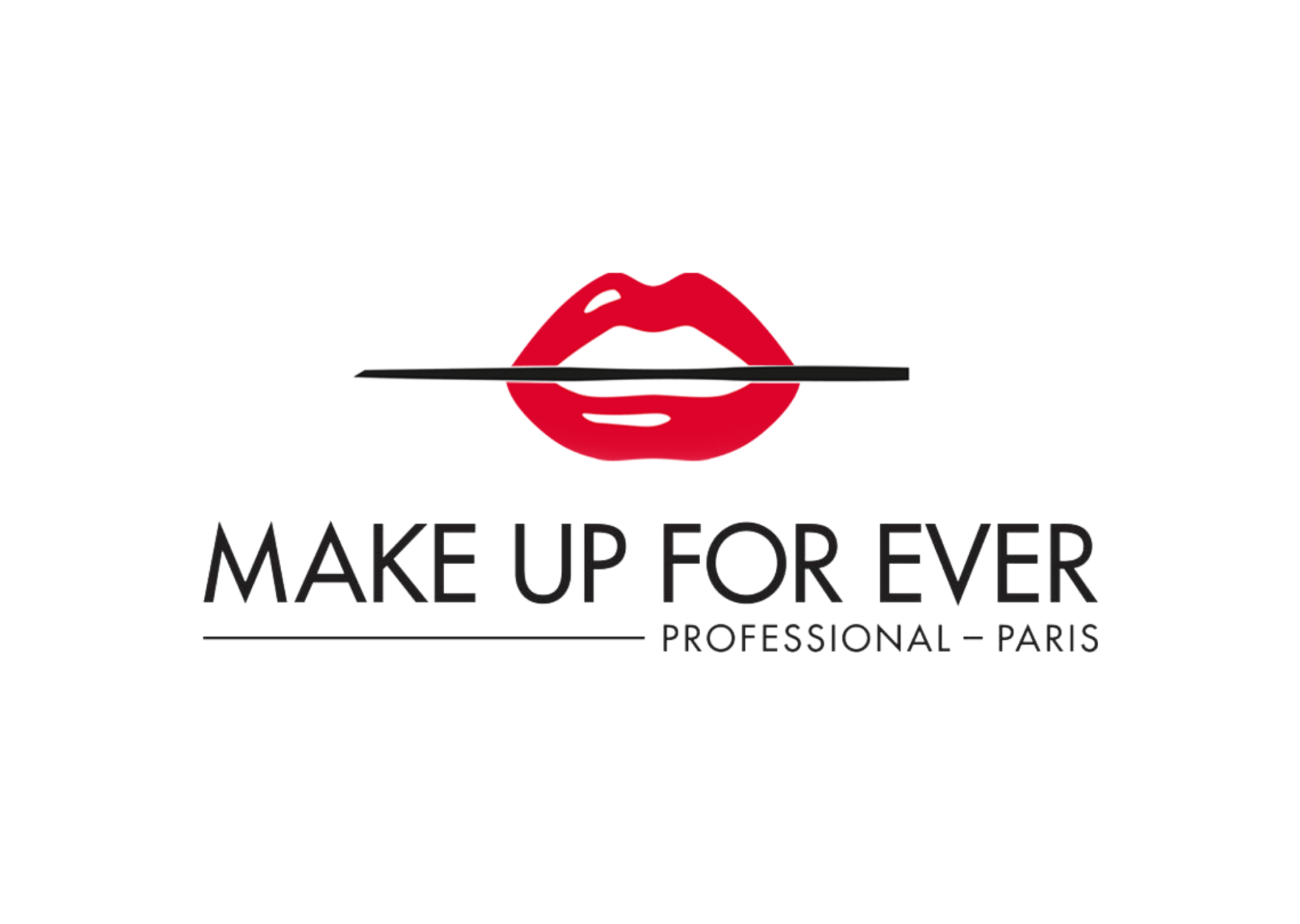 Make Up For Ever 標誌：紅色嘴唇上有一條黑線；下方的文字為「MAKE UP FOR EVER PROFESSIONAL - PARIS」。