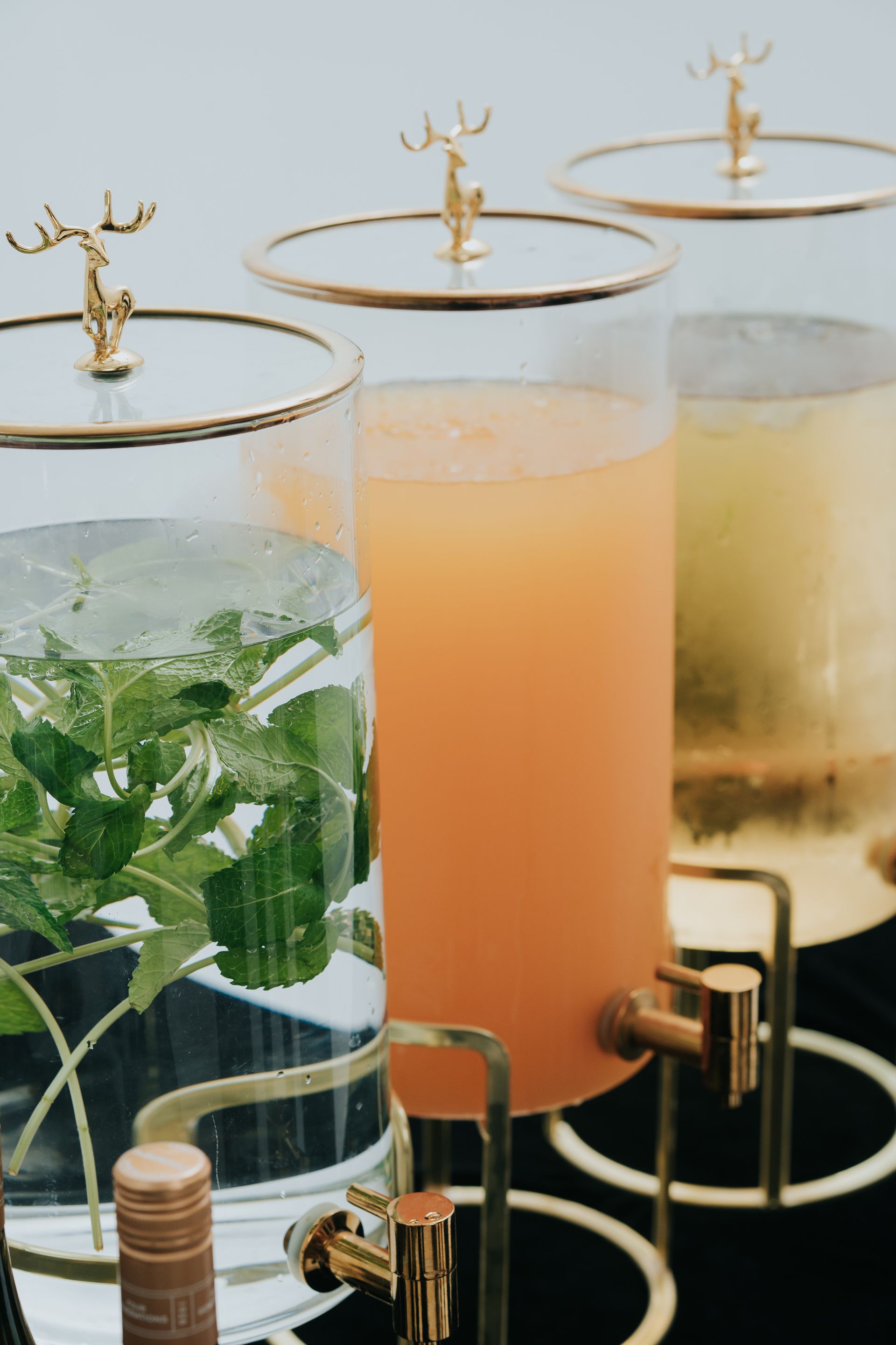 Three glass beverage dispensers with gold accents; one with mint, one with orange juice, one with a light yellow liquid.