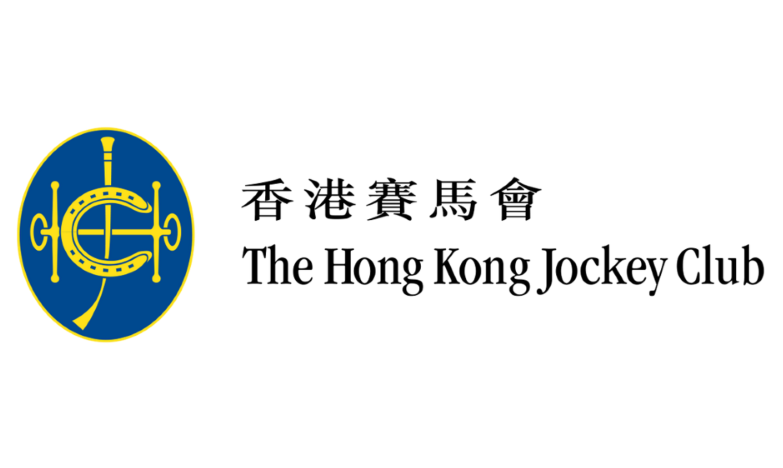 Logo of The Hong Kong Jockey Club: blue circle with gold horseshoe and text. Chinese and English text.