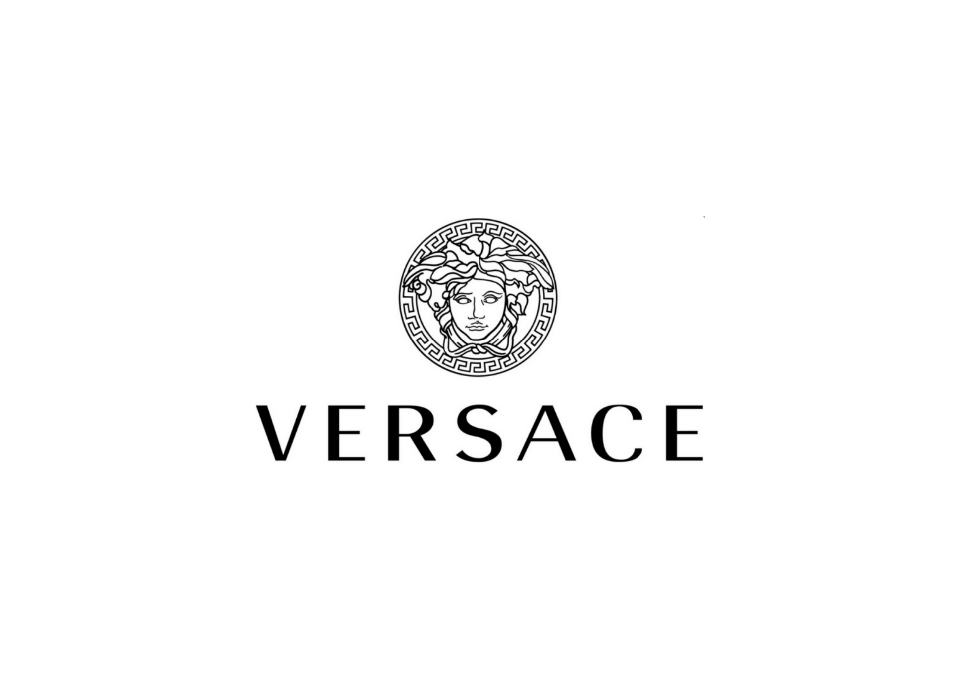 范思哲標誌：美杜莎頭像圖案，上方為「VERSACE」字樣。黑白相間。