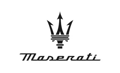 Maserati logo: black trident emblem above the brand name in italicized script.