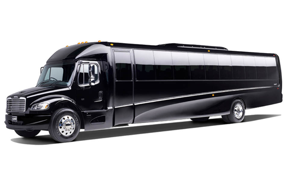A large black bus is parked on a white background.