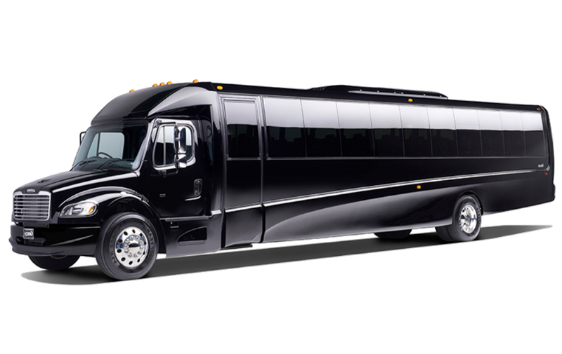 A large black bus is parked on a white background.