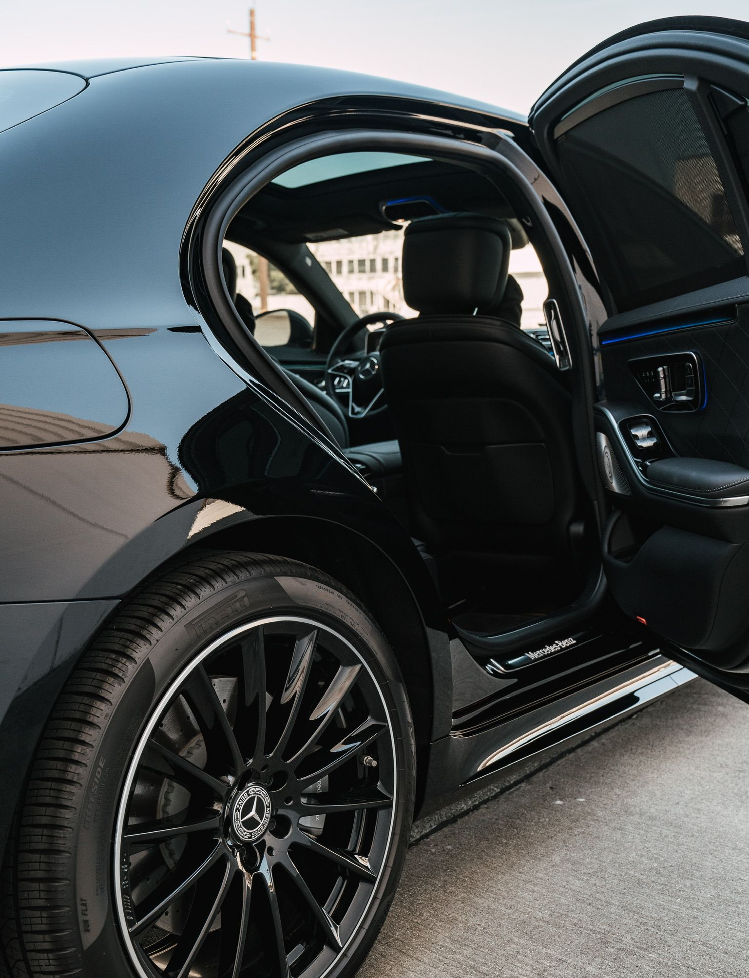 Mercedes S-Class rear door and leather interior for luxury chauffeur service