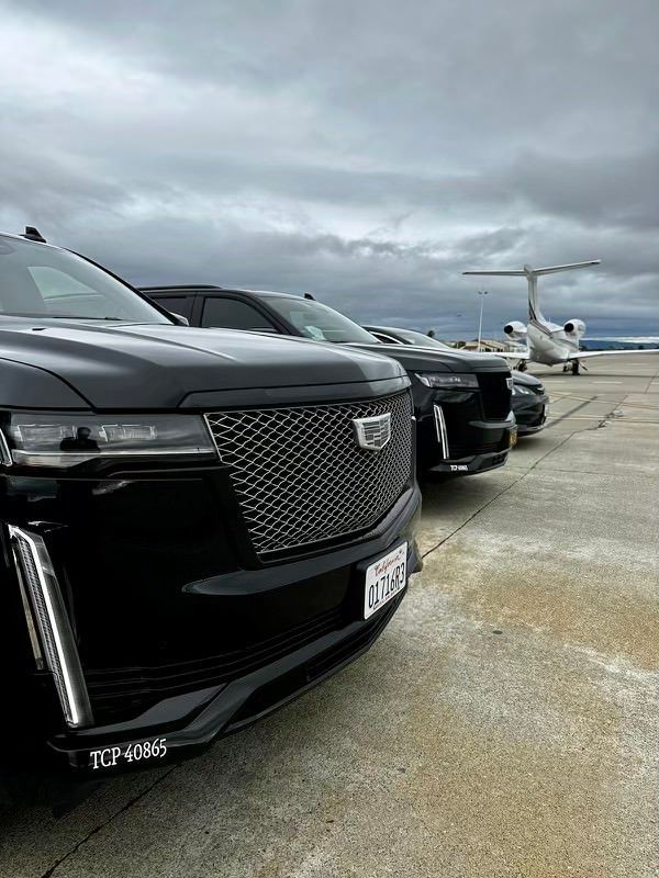A row of black cars are parked next to each other on a runway.