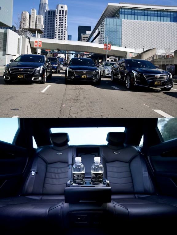 Black limousines parked on city street. Interior view shows back seat with bottled water.