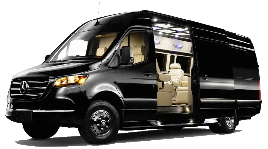 A black van with the door open on a white background.