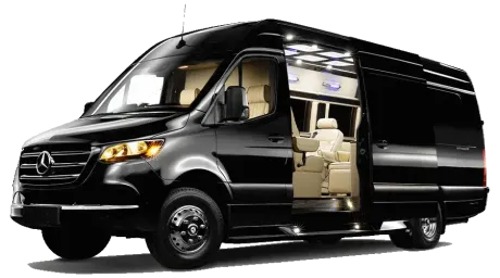 A black van with the door open on a white background.