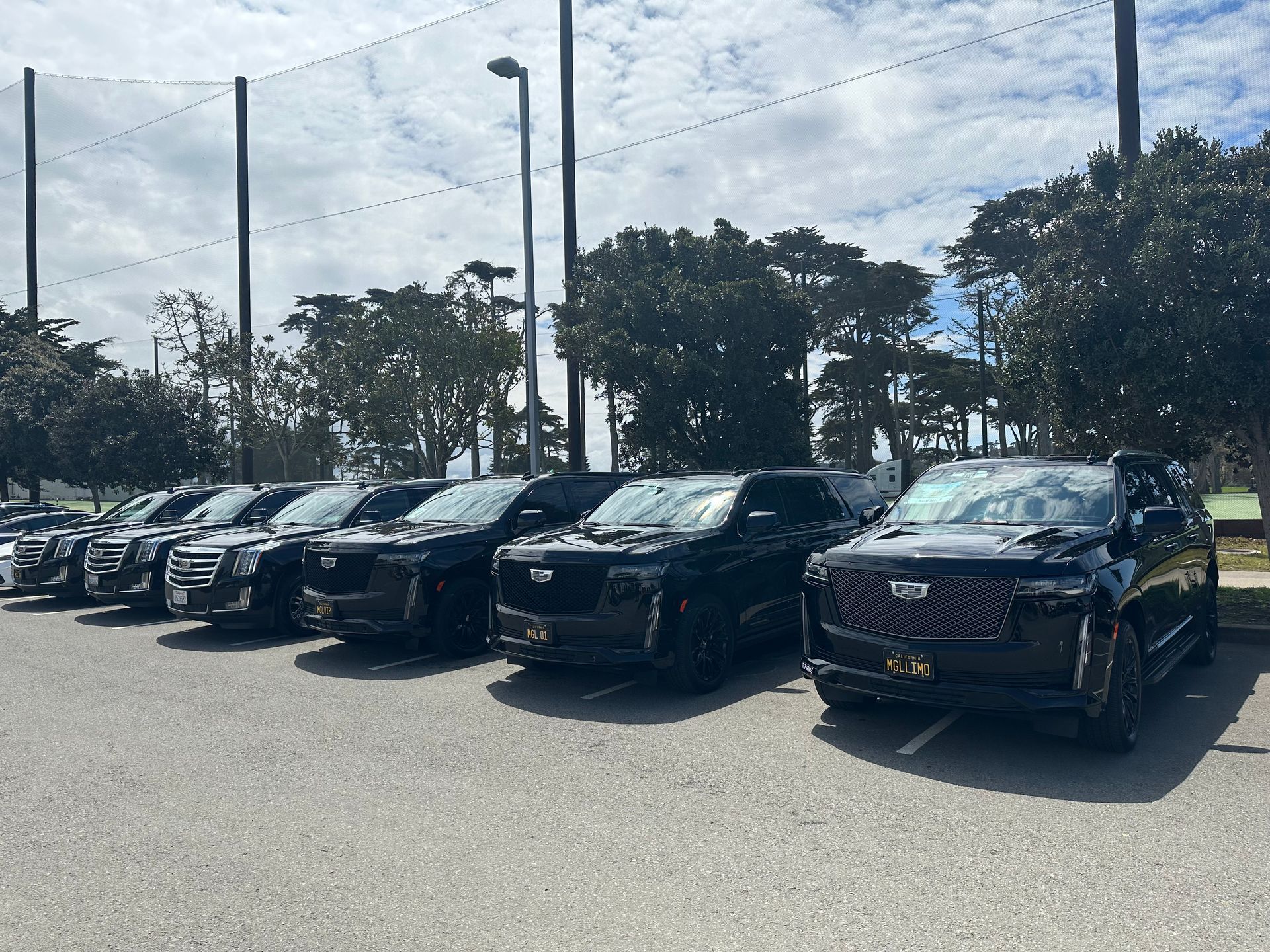 A line of black SUVs parked in a lot, cloudy sky overhead.