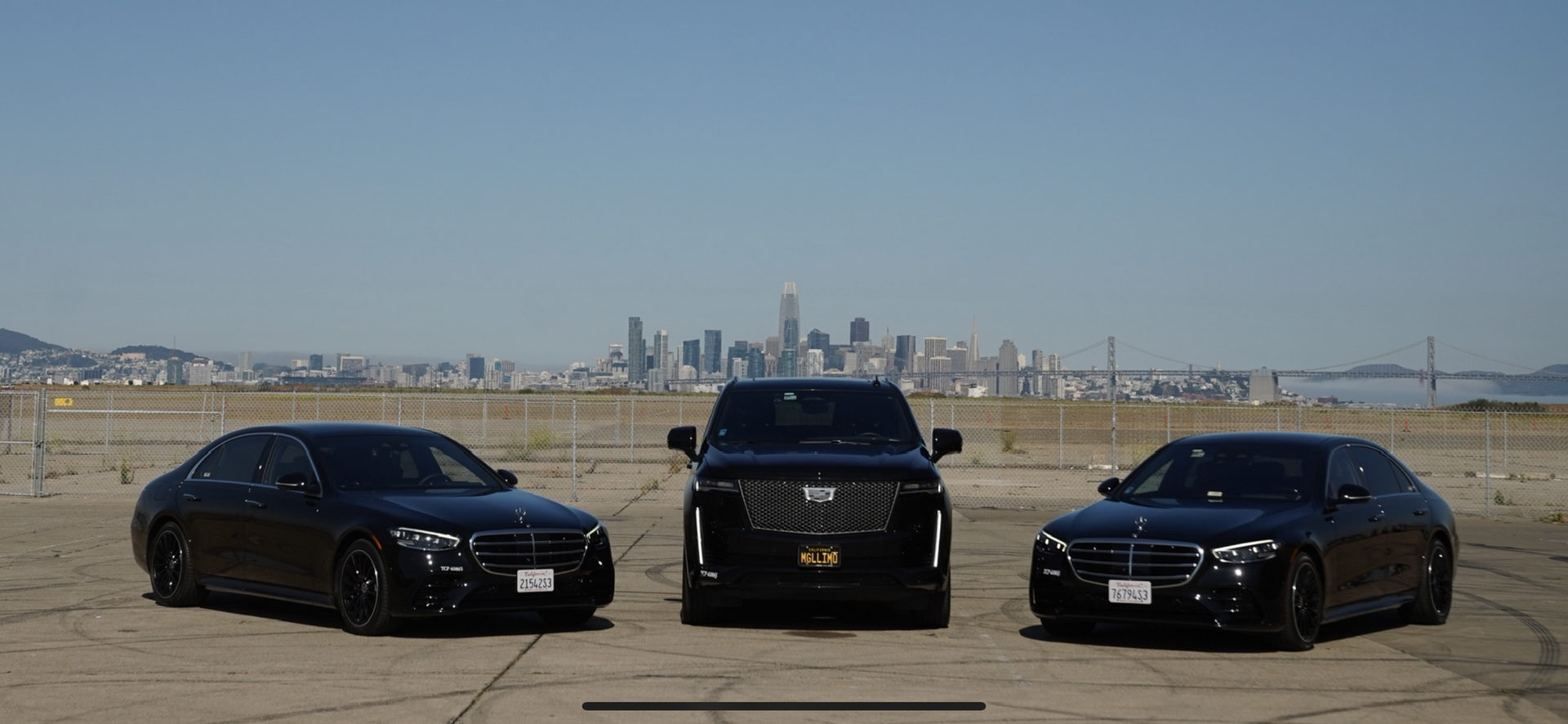 Three black cars parked in front of a city skyline under a clear blue sky.