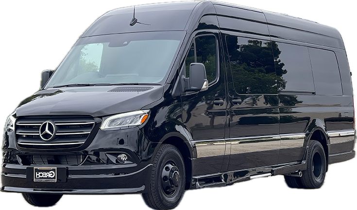 A black mercedes sprinter van is parked on a white background.