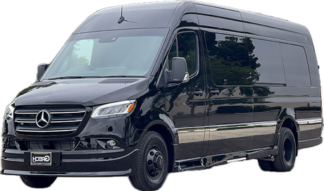 A black mercedes sprinter van is parked on a white background.