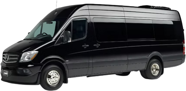 A black mercedes sprinter van with the door open on a white background.