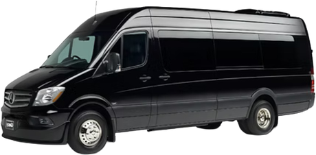 A black mercedes sprinter van with its doors open on a white background.