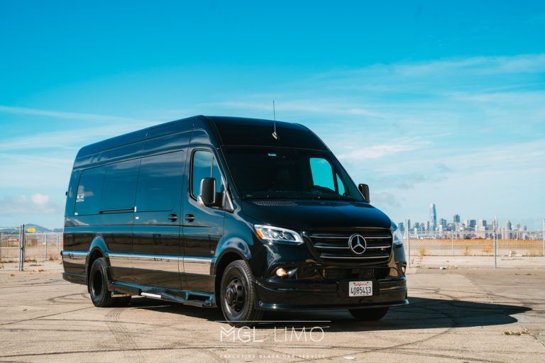 Black Mercedes-Benz Sprinter van parked on asphalt, against a cityscape and bright blue sky.