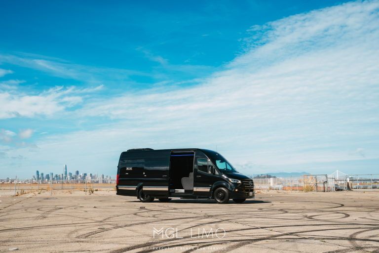 Black van with open door on sandy ground, city skyline in the background under a blue sky.