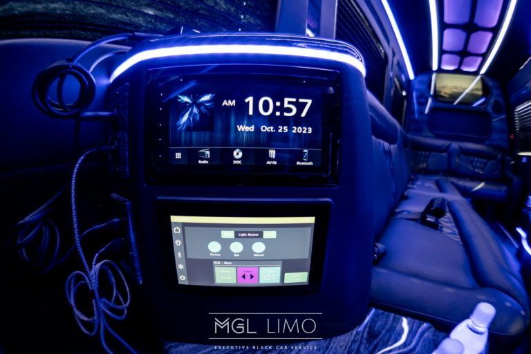 Limo Sprinter entertainment screen and blue LED interior lighting