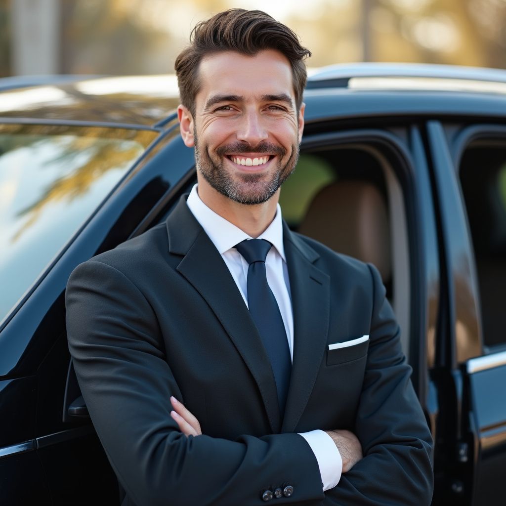 Man in a suit smiles, arms crossed, leaning on a black car.