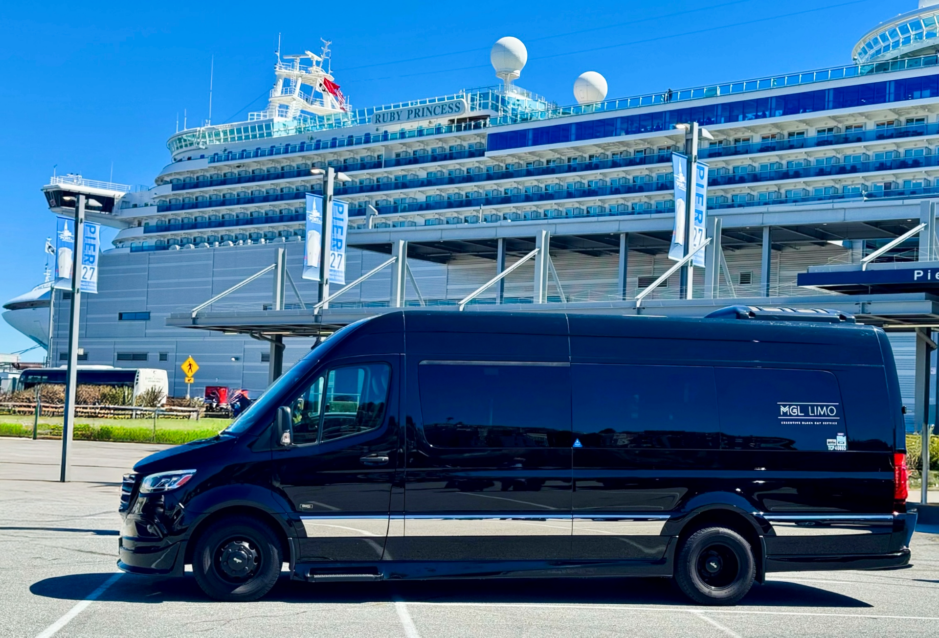 MGL Limo Mercedes‑Sprinter van parked at Pier 27 cruise terminal in San Francisco, ready for cruise