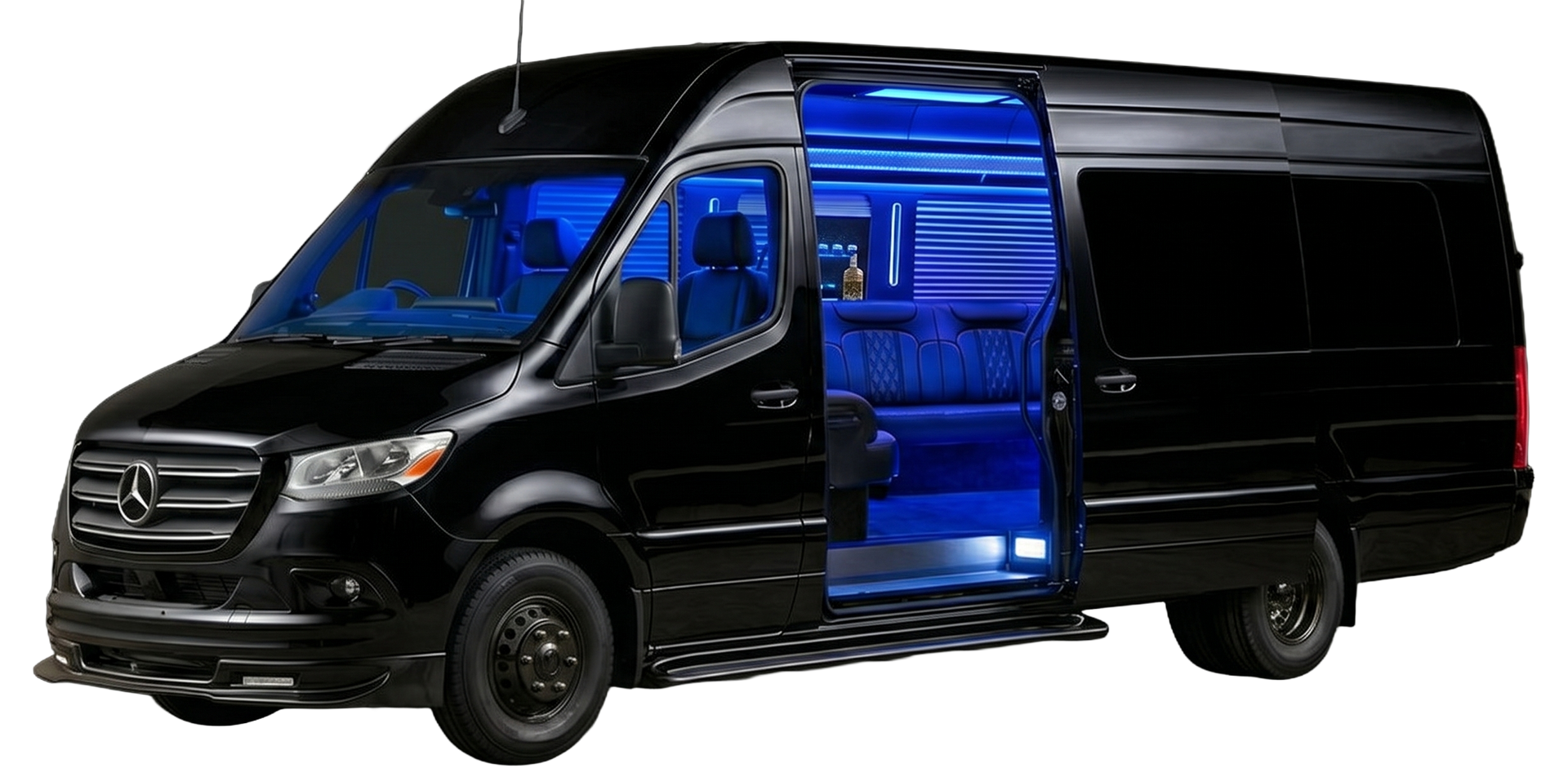 Limo style Sprinter with blue luxury interior lighting