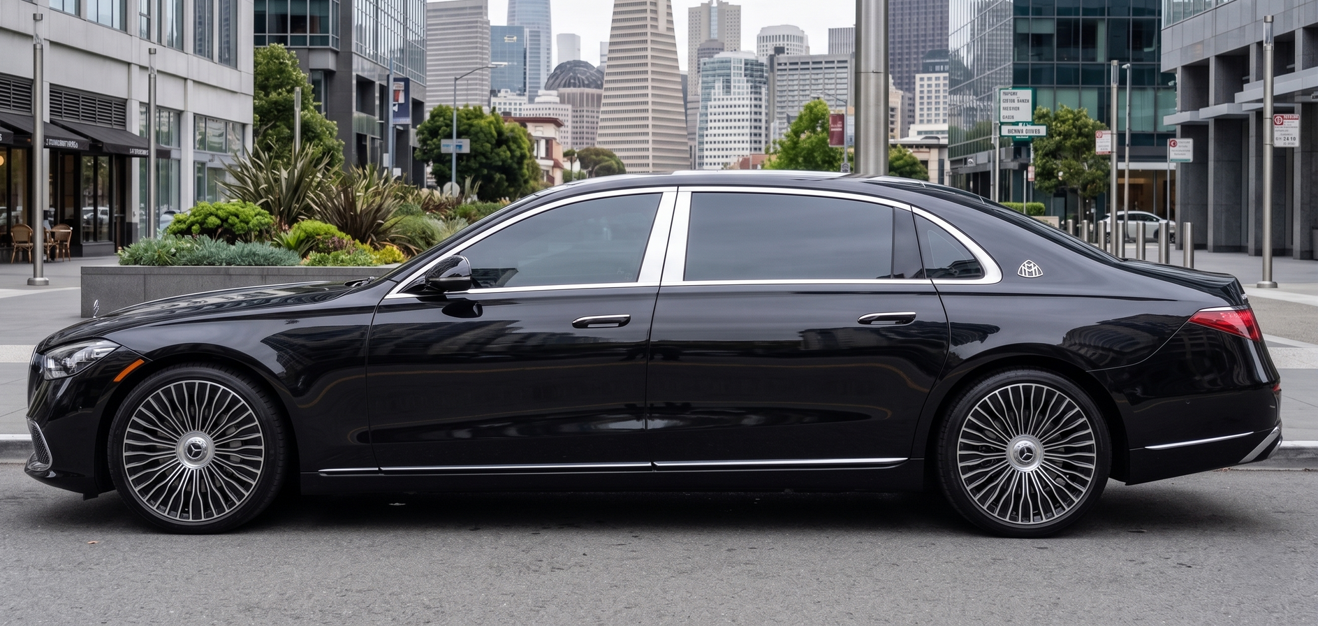 Mercedes-Maybach luxury sedan side profile in downtown San Francisco