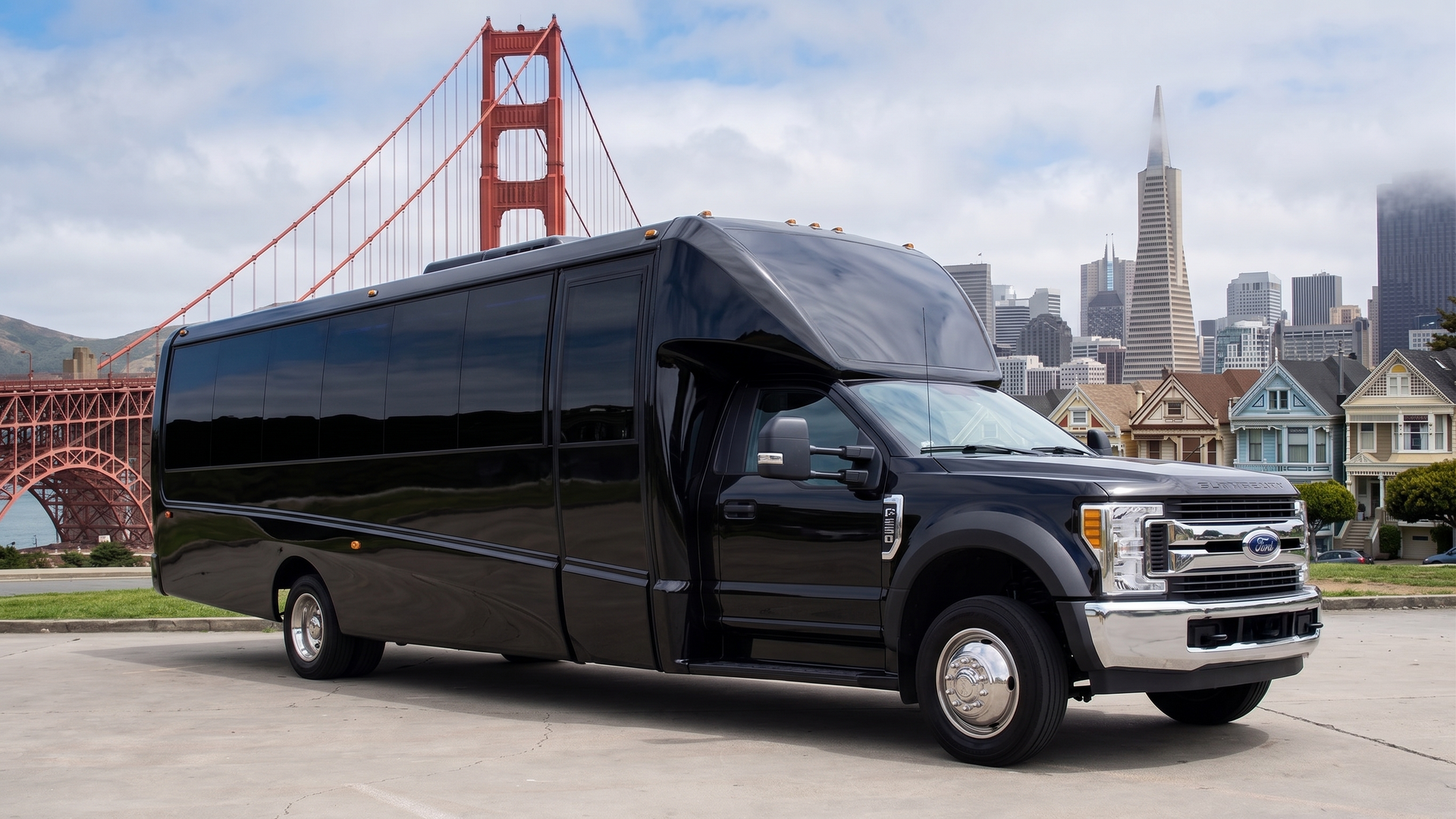 MGL Limo executive mini bus in San Francisco with Golden Gate Bridge