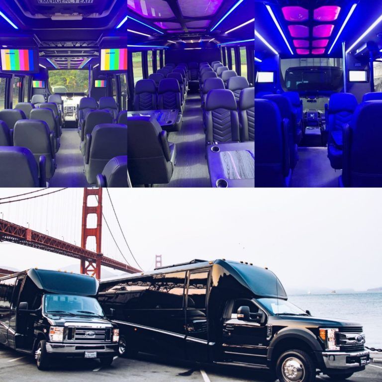 A picture of a bus and a picture of a bridge