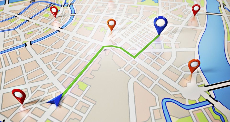 A map of a city with pins on it.