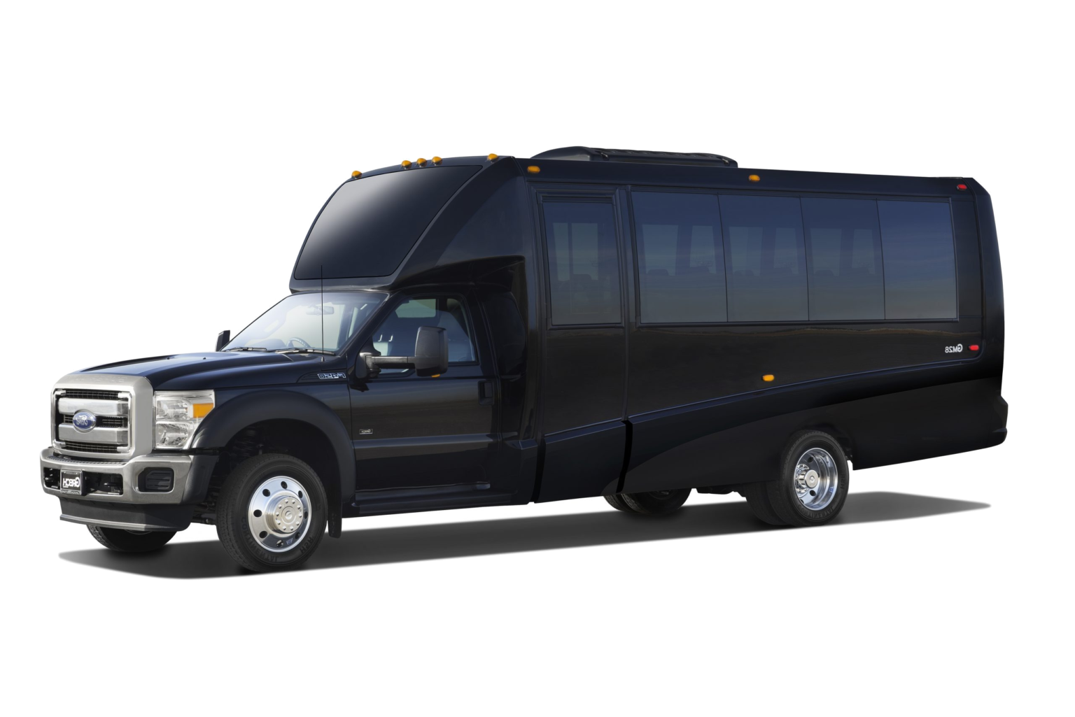 A black van is parked on a white background.