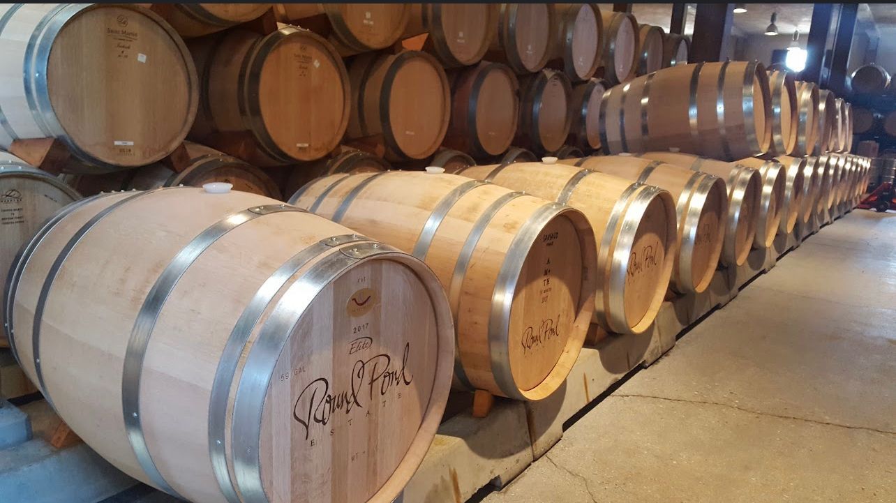 A row of wooden barrels stacked on top of each other in a wine cellar.