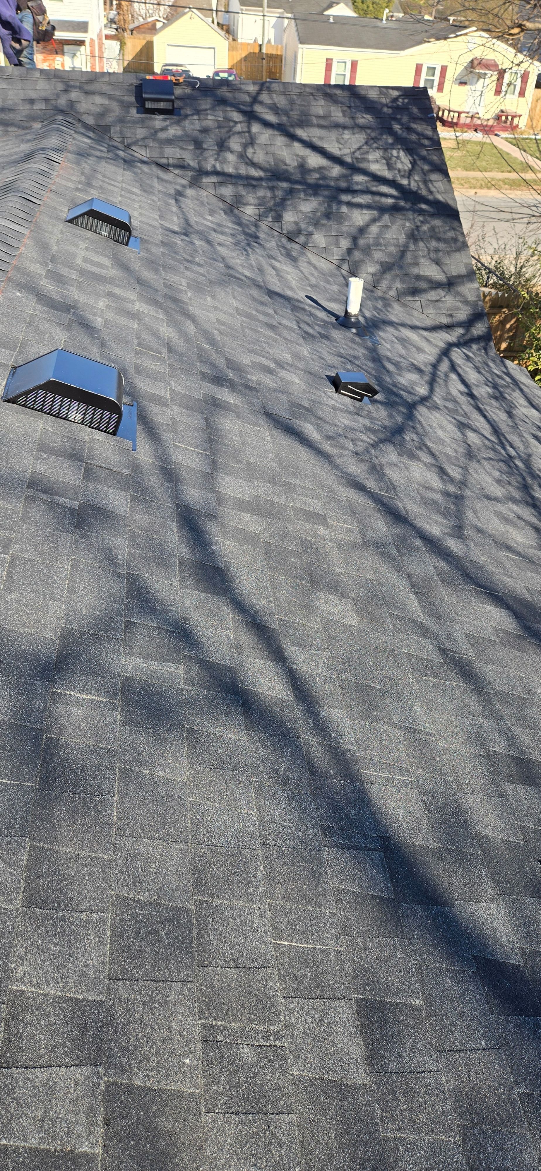 A roof with puddles, reflecting the sky, and tree shadows. The setting appears to be a residential neighborhood.