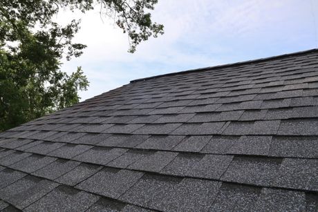 Gray asphalt shingle roof with some visible tree branches and a partly cloudy blue sky.