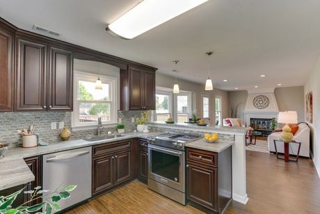 Kitchen with dark brown cabinets, stainless steel appliances, and a view into the living room with a fireplace.