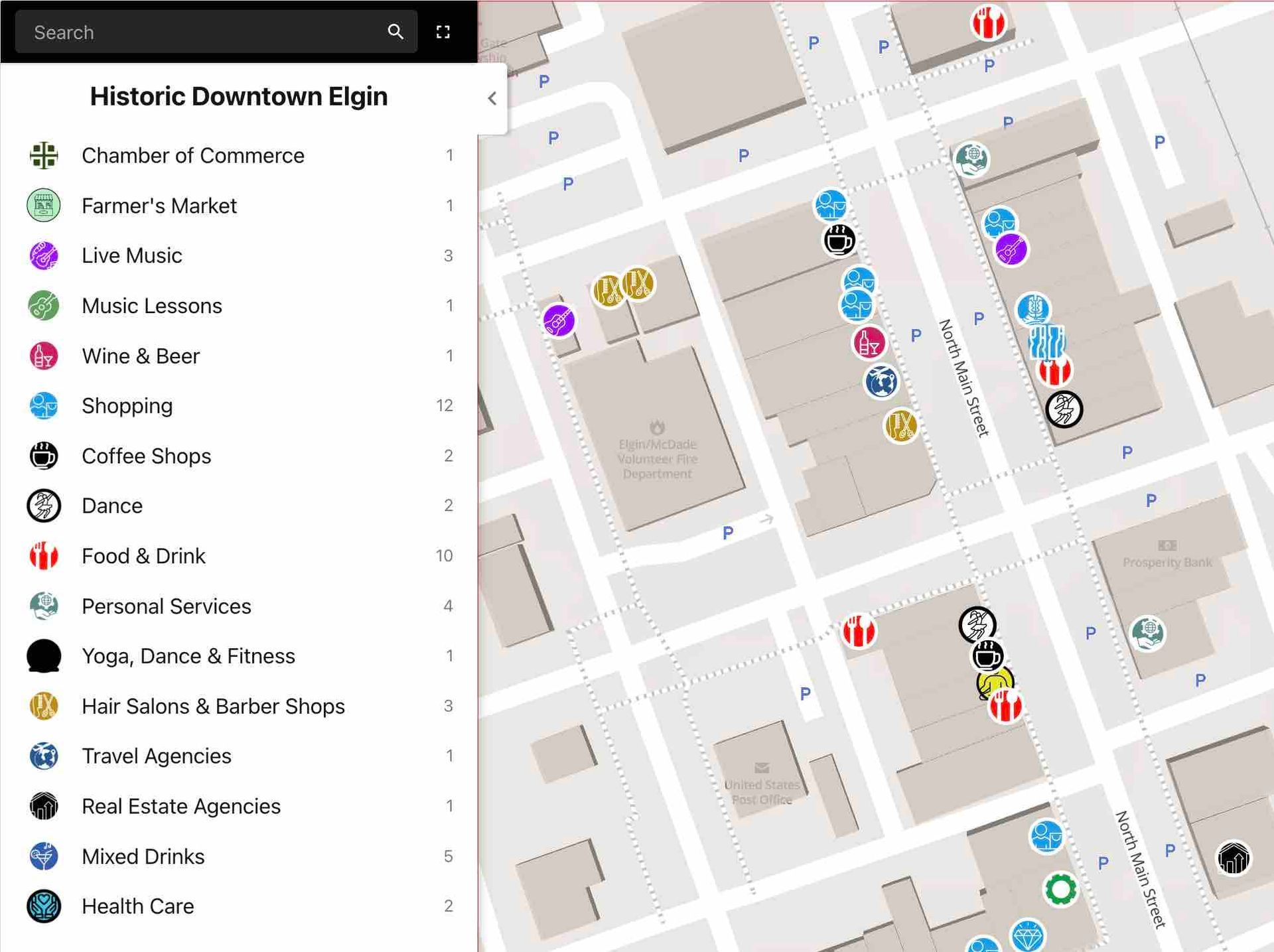 Interactive map of downtown Elgin, Texas 78621