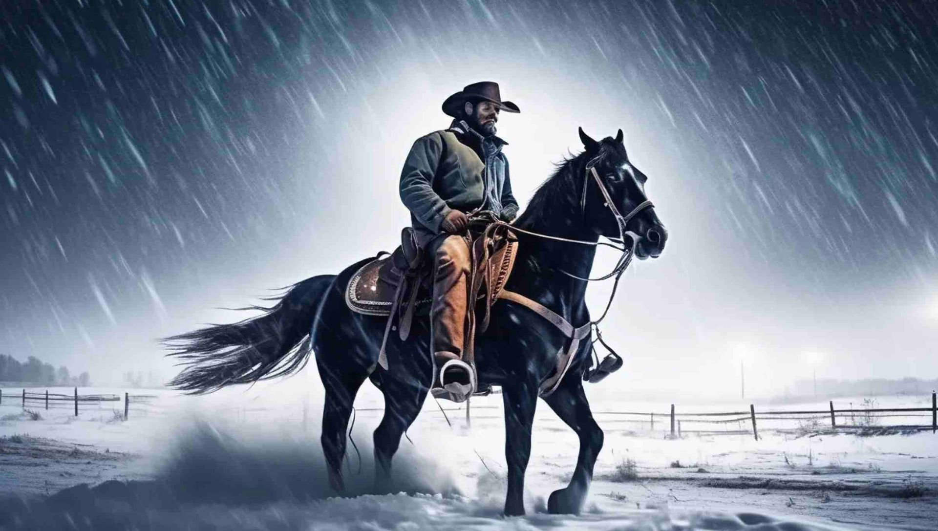 Cowboy on Horse in Snow Storm