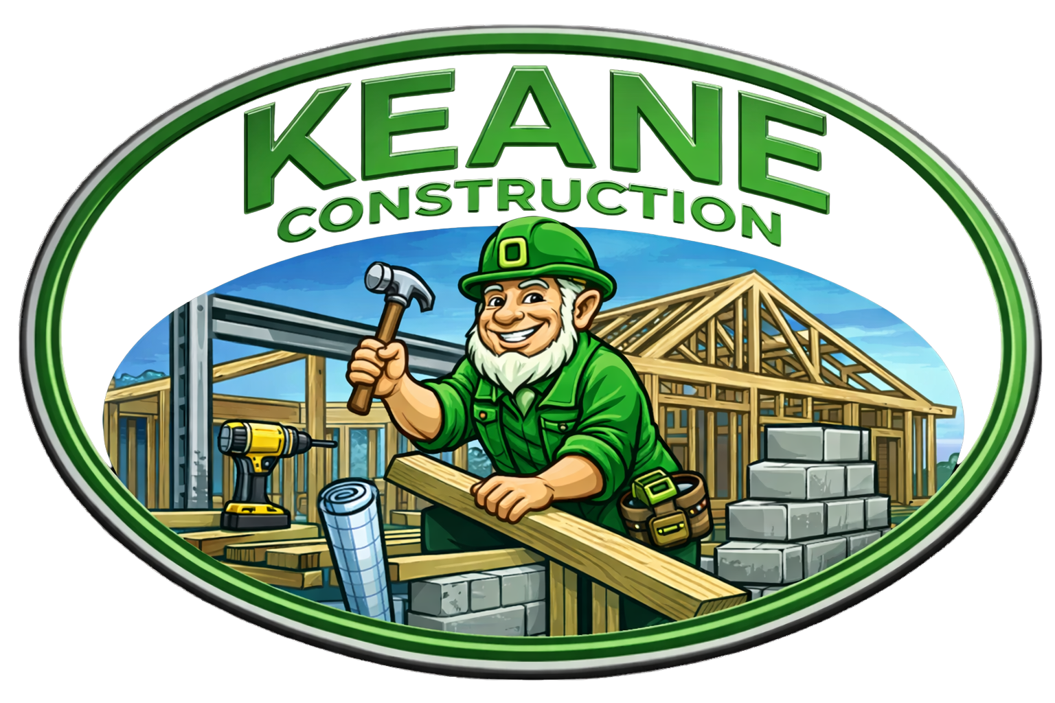 Keane Construction logo: Leprechaun in green suit hammering roof shingles inside green oval.
