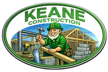 Keane Construction logo: Leprechaun in green suit hammering roof shingles inside green oval.