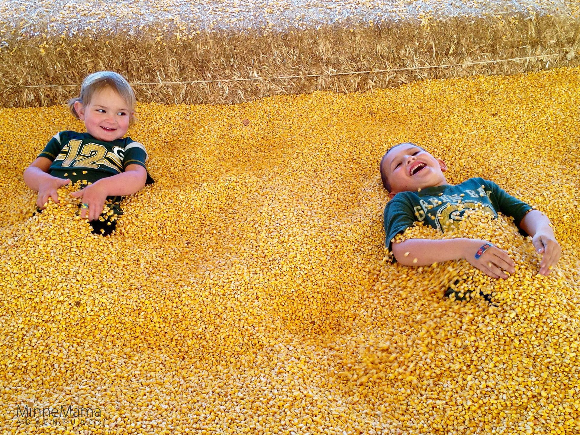 Two children laugh while playing in a large bin filled with yellow corn kernels.