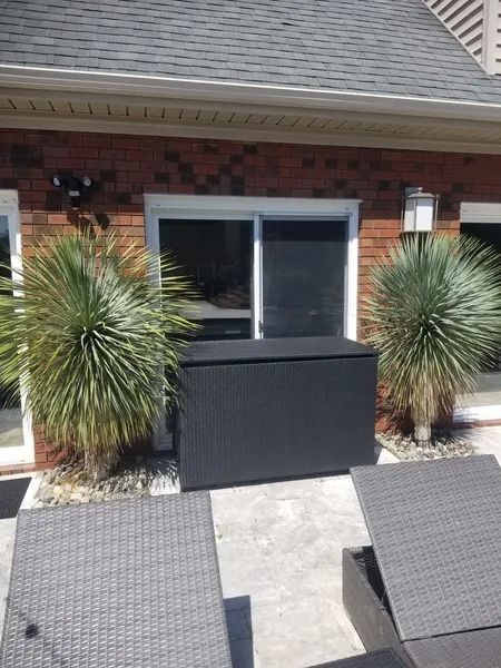 Patio with brick house wall, black storage box, and two spiky potted plants beside outdoor lounge chairs