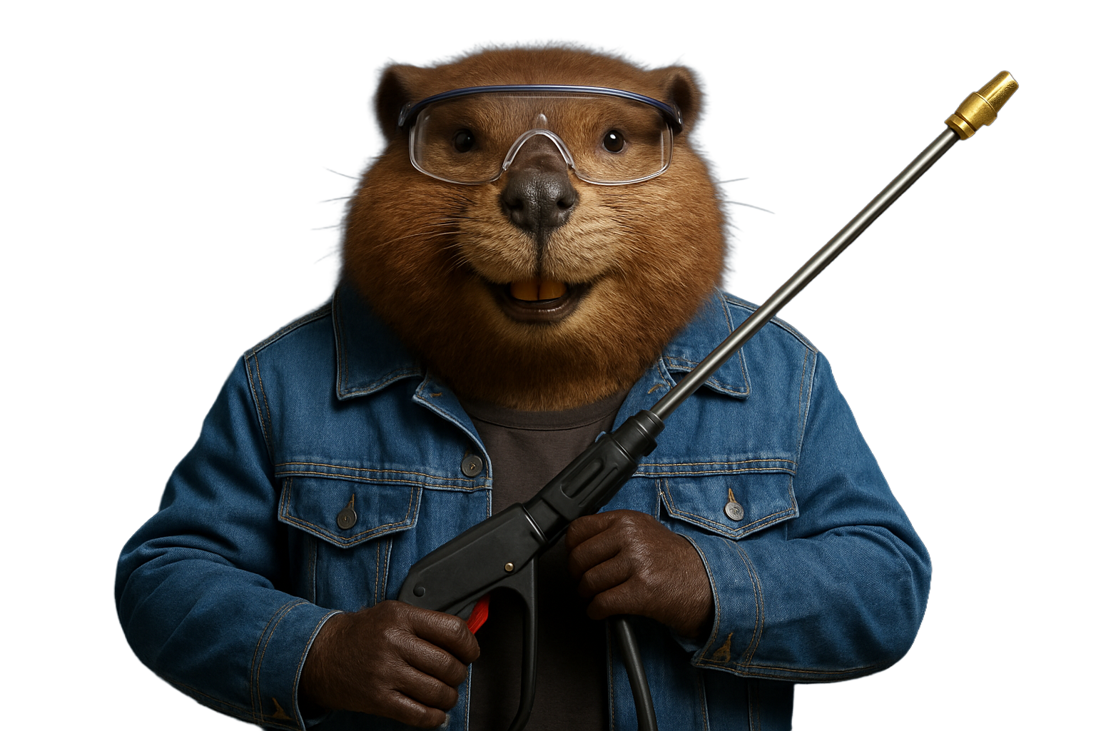 A beaver wearing a denim jacket and goggles is holding a sprayer.