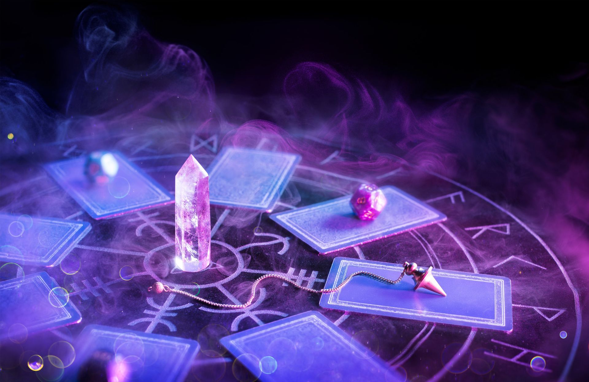Tarot cards, crystals, and pendulum on a mystical purple surface, with smoke and runes.