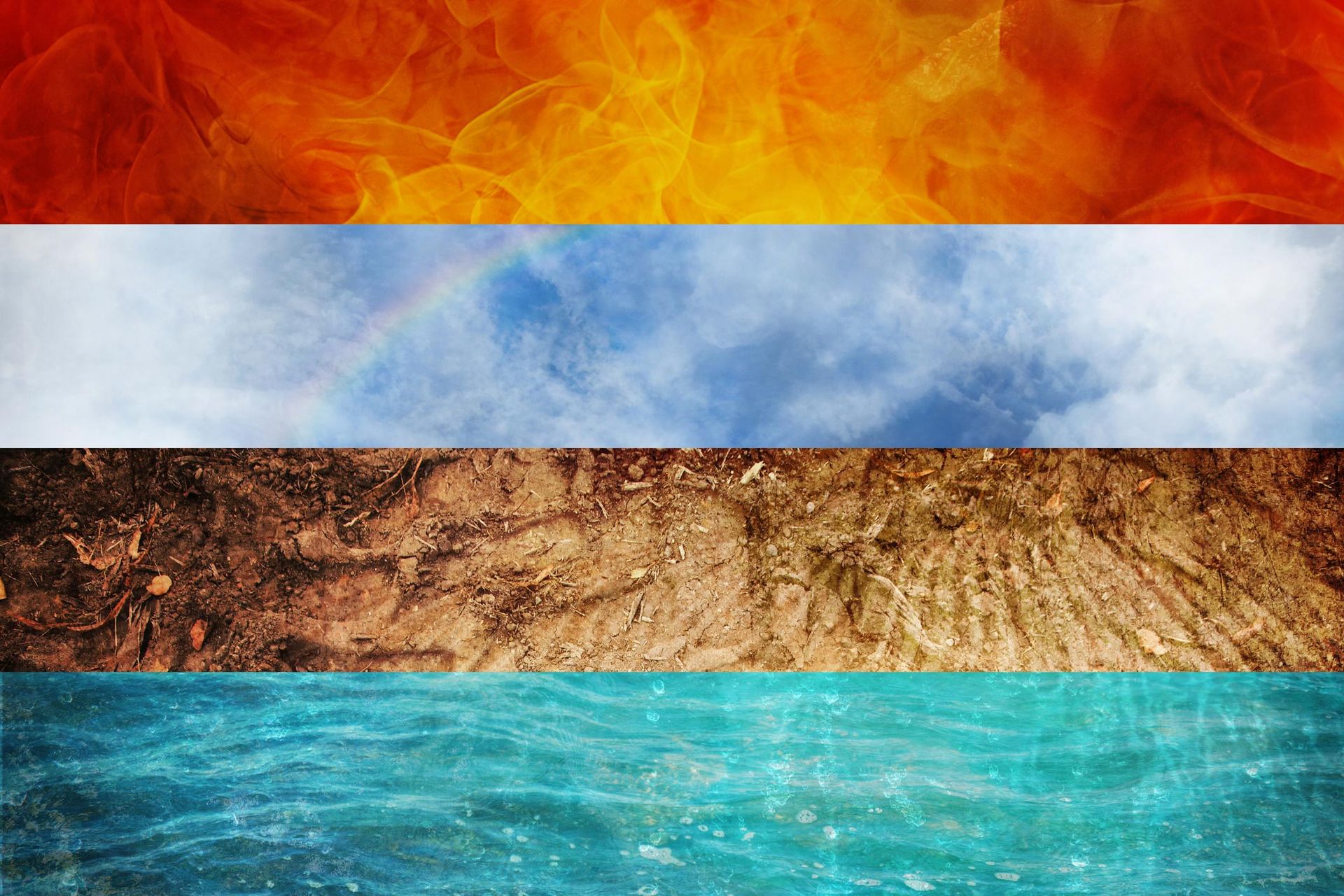 Four elemental sections: fire (orange), air (blue sky), earth (brown rock), and water (teal).