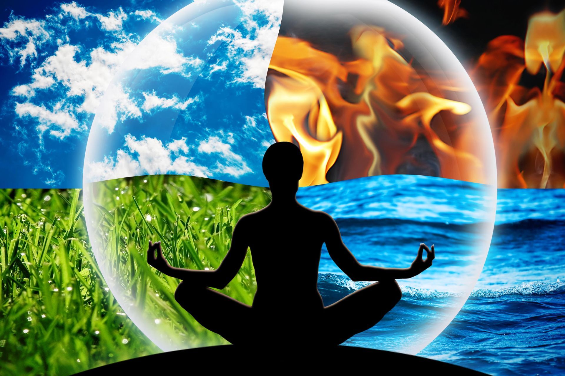 Silhouette of person meditating with four elements: air, fire, water, and earth.