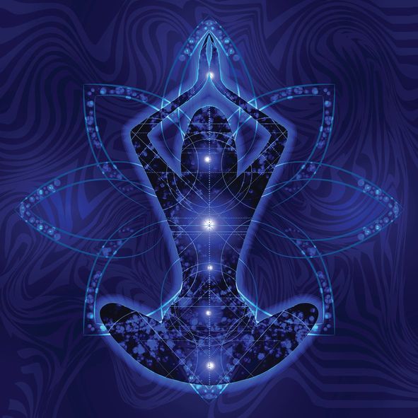 Blue silhouette of person meditating, with chakra points and lotus outline in a patterned background.