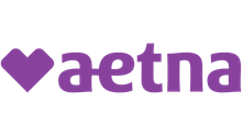 The aetna logo is purple with a heart in the middle.