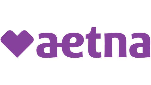 The aetna logo is purple with a heart in the middle.