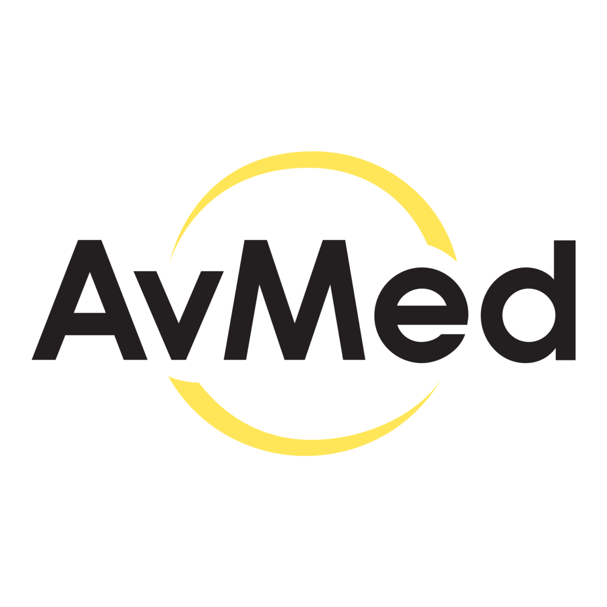 A black and yellow logo for avmed with a yellow circle around it